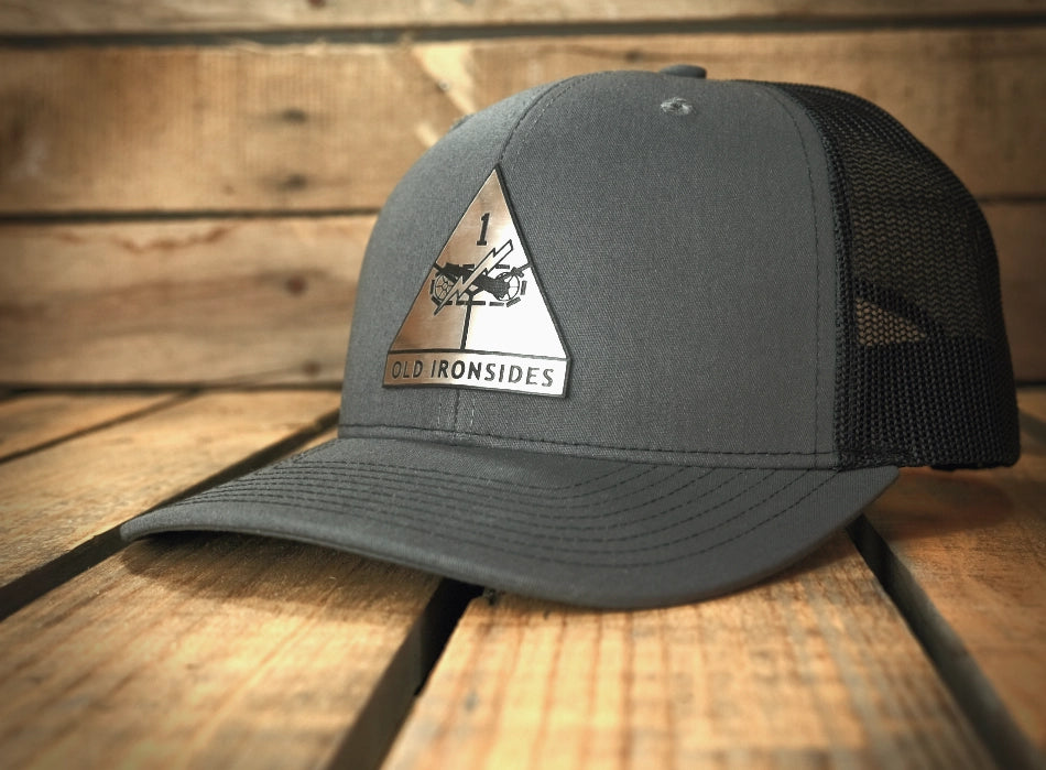 US_Army_Officially_1st_Armored_Division_Badge_square_Licensed_Brushed_Metal_Badge_Hats_by_Patriot_Forge_Works_on_charcoal_and_black.webp