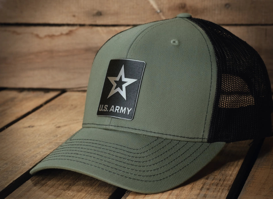 US_Army_Officially_Badge_square_Licensed_Brushed_Metal_Badge_Hats_by_Patriot_Forge_Works_veteran_addition_on_side.webp