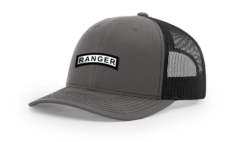 US_Army_Officially_Ranger_Tab_Licensed_Brushed_Metal_Badge_Hats_by_Patriot_Forge_Works_on_charcoal_and_black.jpg